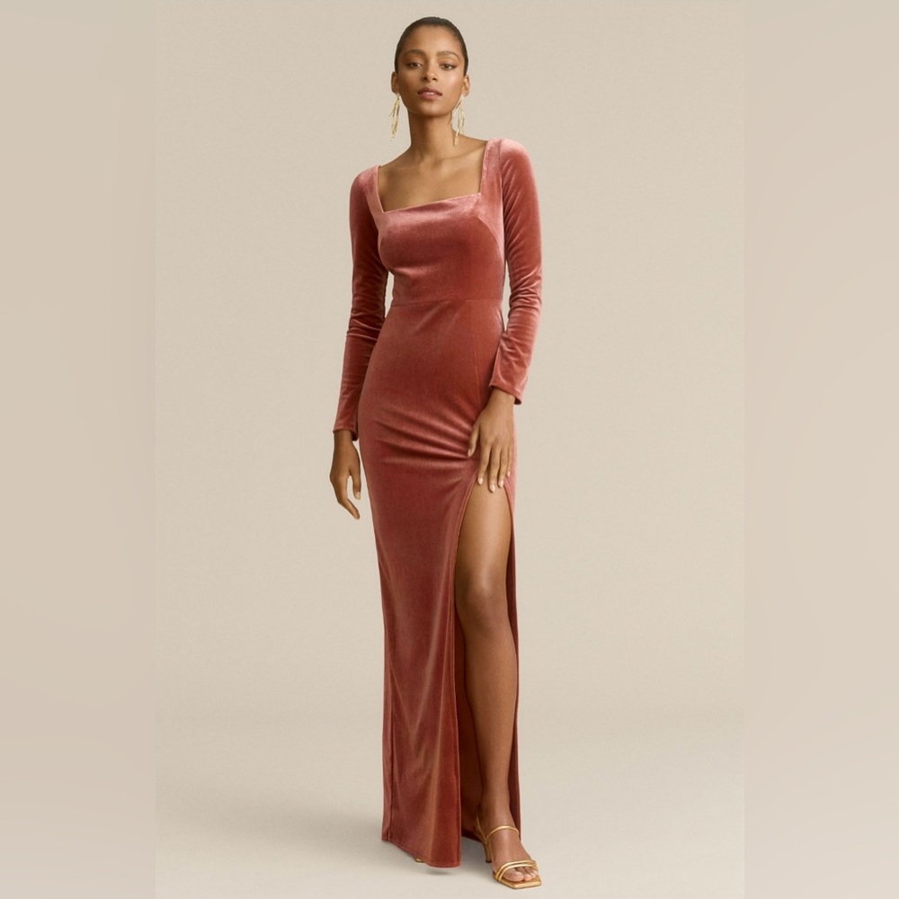 🆕 NWT Jenny Yoo Rachel Square-Neck Long-Sleeve Side-Slit Stretch Velvet Gown, 4